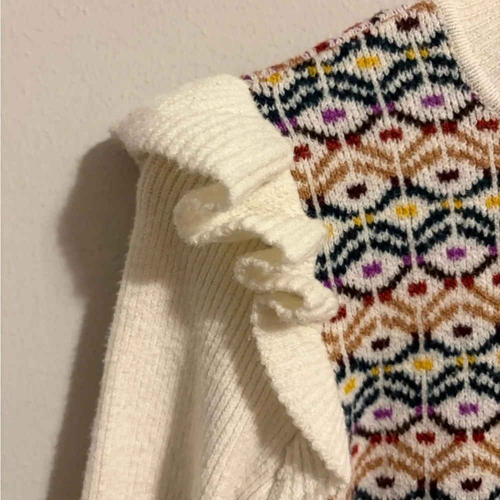 Loft Women's Geo Jacquard Ruffle Mock Neck Medium Cream Long Sleeves Cottagecore
